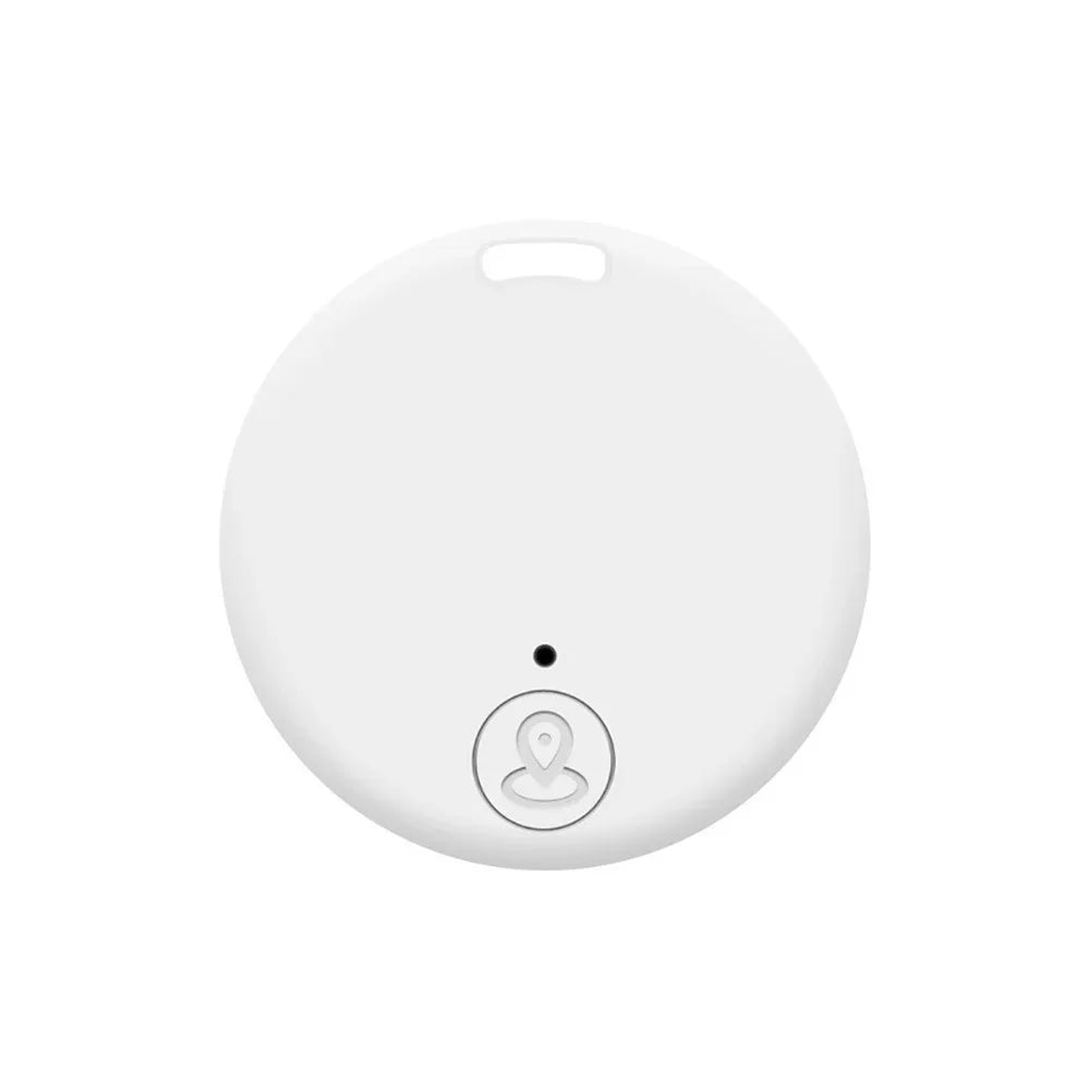Small white Bluetooth GPS pet tracker for anti-lost location tracking of dogs, cats, keys, and bags.