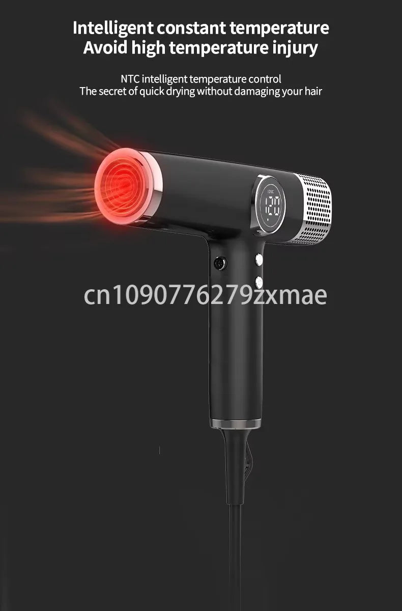 Black 1800W professional hair dryer with digital display, NTC temperature control, and high-speed ion motor.