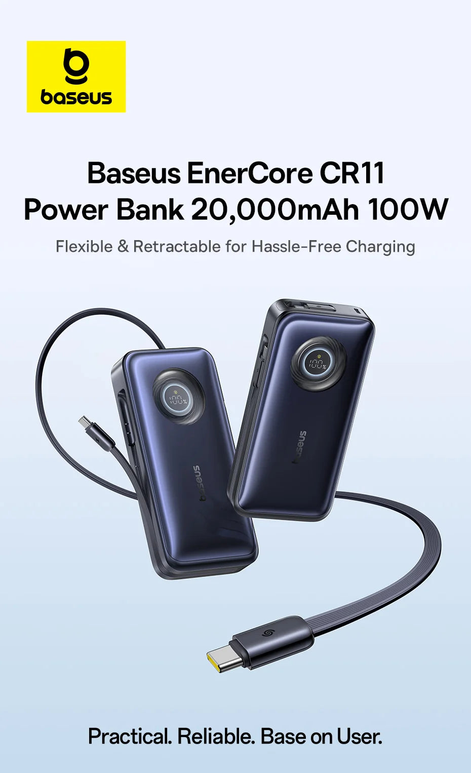 20000mAh 100W PD Power Bank with Retractable USB-C Cable Tidesmit