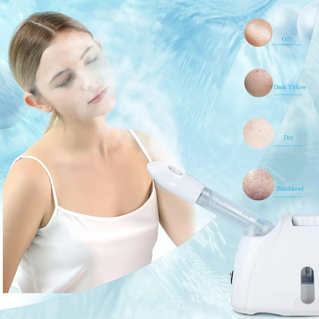 Woman using a white portable facial steamer for deep pore cleansing, hydrating skin care, and acne treatment at home.