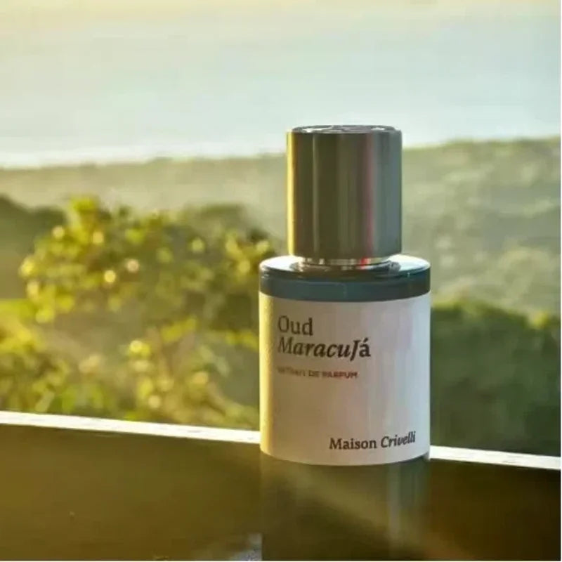 Maison Crivelli Oud Maracuja unisex Eau de Parfum 1.7oz spray. Cylindrical bottle, fruity oud niche Arabic fragrance.