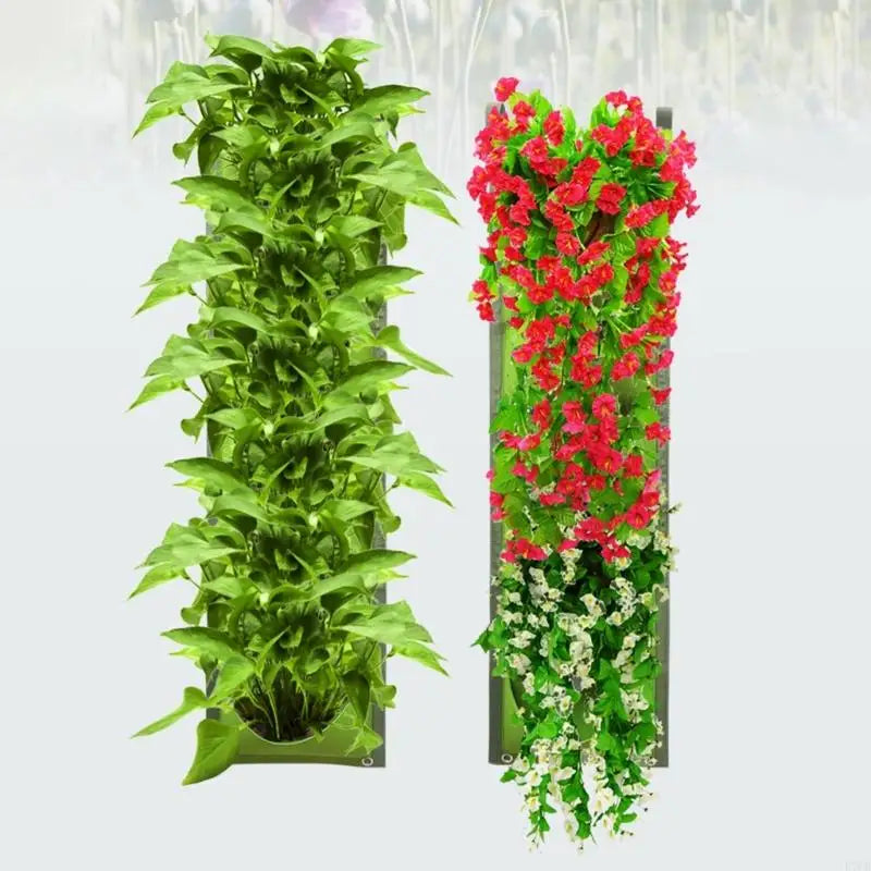 Vertical wall planter bags holding green and red flowers in separate pockets