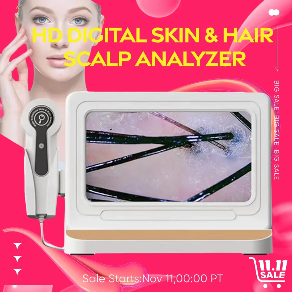 10-inch HD digital scalp and hair microscope analyzer with handheld probe for professional skin and hair diagnostics.
