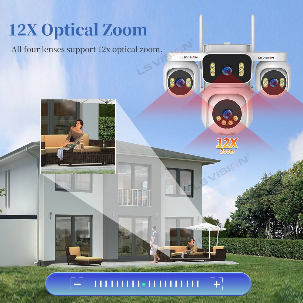 LS VISION 20MP Four Screens Solar Security Camera Outdoor 12X Zoom 4-Lens 4G Sim Ai Tracking Waterproof CCTV 24/7 Recording AOV