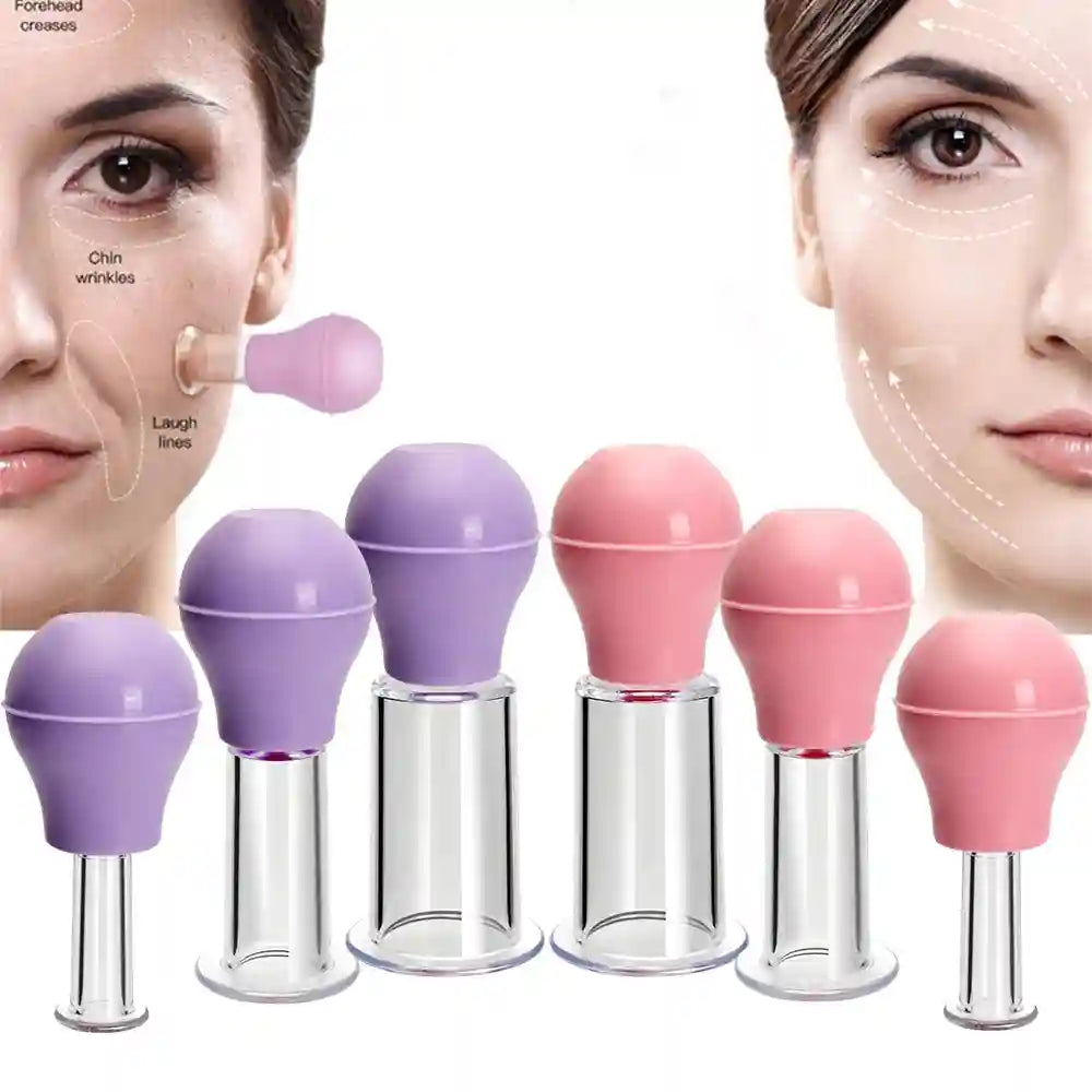 Set of pink and purple vacuum facial massage cups for anti-aging, skin lifting, and reducing wrinkles.
