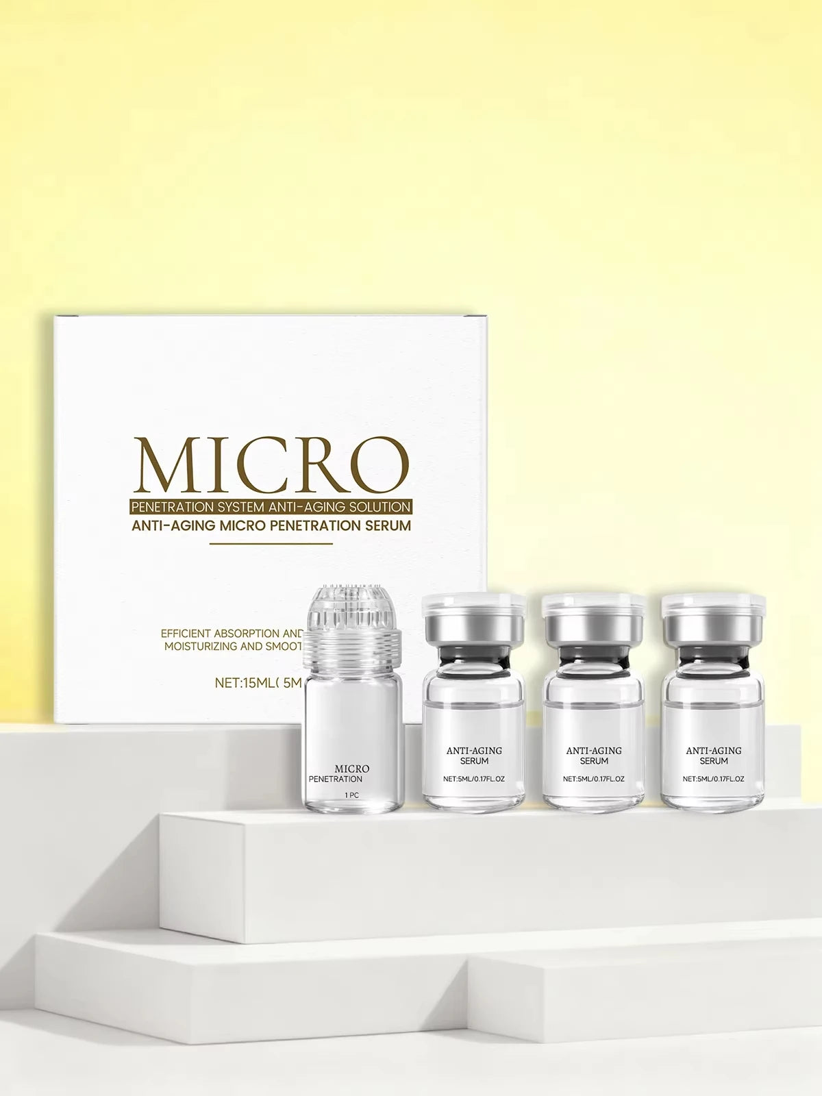 Micro Penetration Anti-Aging Serum Set: hydrating collagen facial essence in small glass vials with white display box.