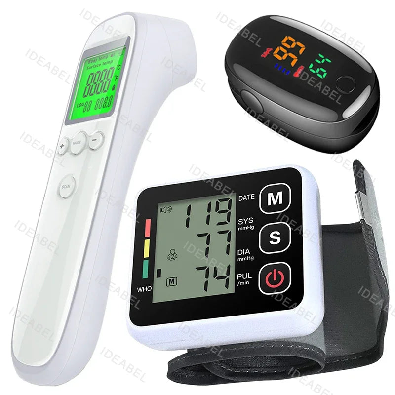 Digital Blood Pressure Monitor Wrist Tensiometer Electronic Sphygmomanometer Tonometer with LCD Forehead Digital Thermometer