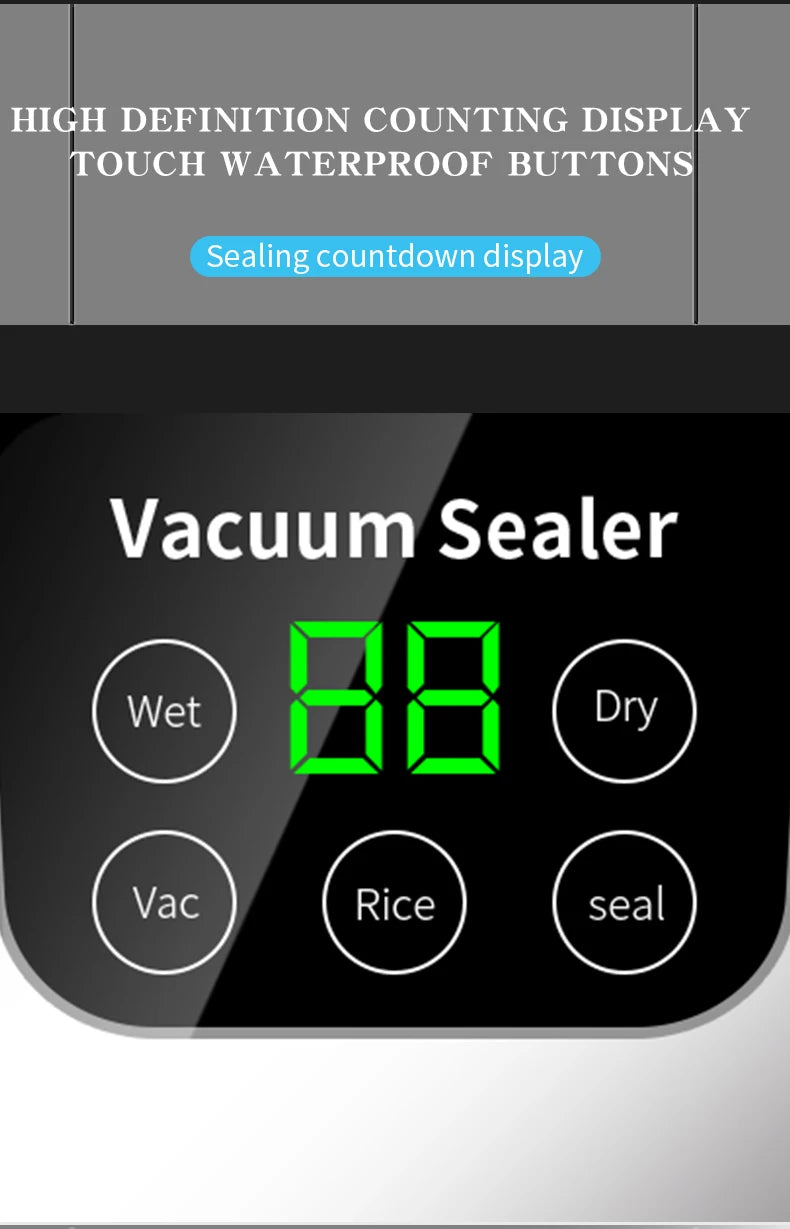 Electric Vacuum Sealer Machine Dry/Wet Food Packaging Seal To Keep Fresh Touch Buttons Digital Display Detachable Cleaning