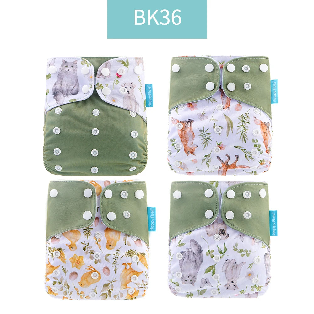 Four Hoppy Flute reusable cloth baby diapers featuring woodland animal and floral prints in sage green.