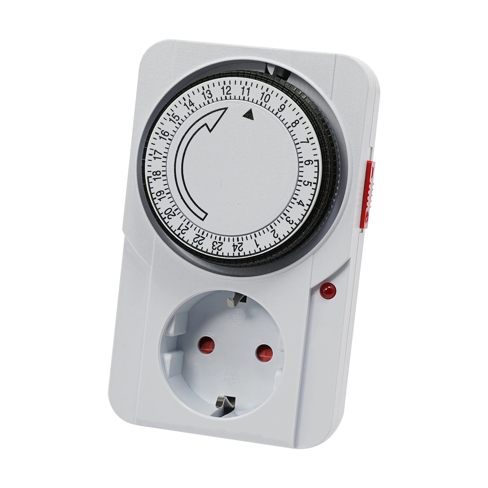 Hydroponic timer controller with circular dial and power outlet socket, white housing