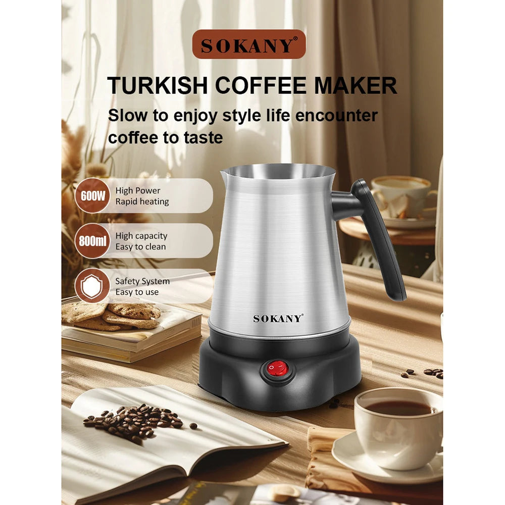 Sokany 800ml stainless steel Turkish coffee maker with 600W heating base and black handle on a kitchen table.