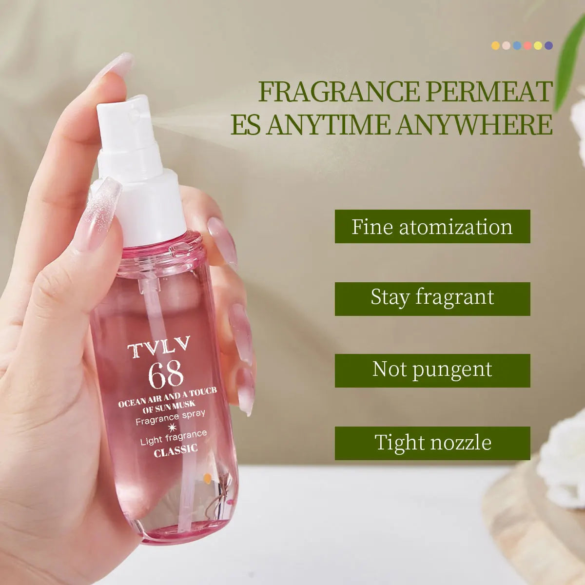 TVLV 68 Brazilian ocean air & sun musk perfume spray. Alcohol-free, long-lasting scent in a pink travel-size bottle.