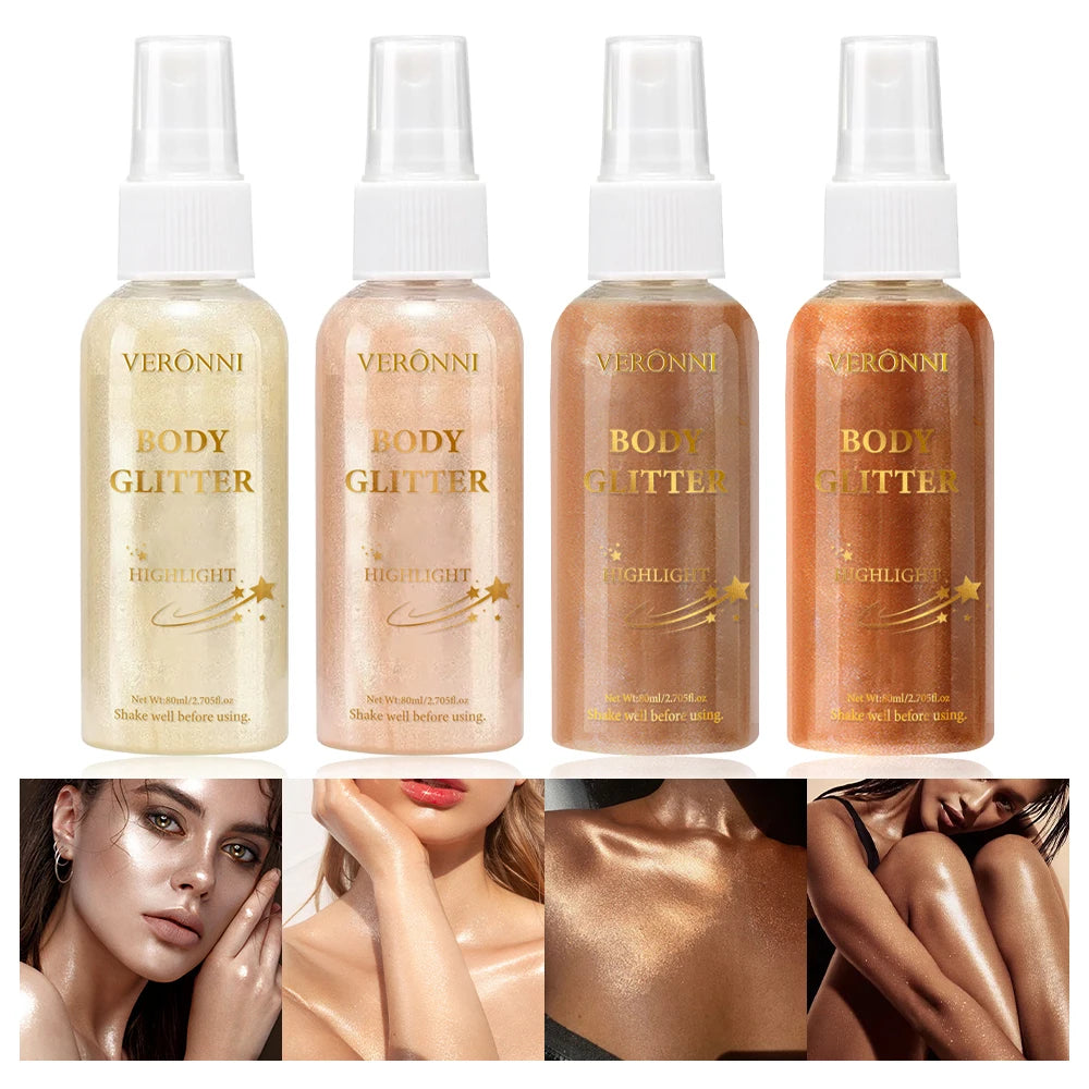 Tidesmit liquid body highlighting shimmer oil for a radiant glow in 4 glitter shades face makeup spray lotion
