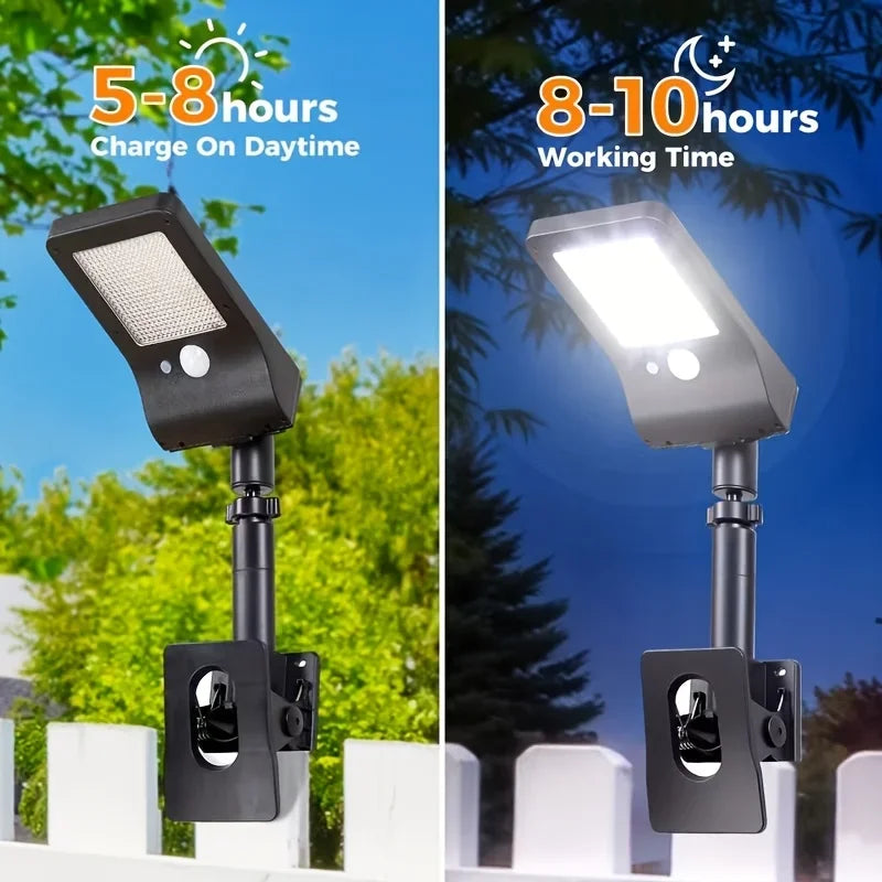 2-Pack Clip-On 60LED Solar Lights, 2 Adjustable Installation Modes, Solar Powered No Wiring Needed, 1500Mah Battery, Motion Sensor Auto On, for Yard, Fence, Balcony, Railing & Garage Lighting, Perfect Gift for Housewarming &