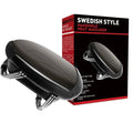 Black cordless handheld heat massager with two metallic spring-action nodes and its product packaging.