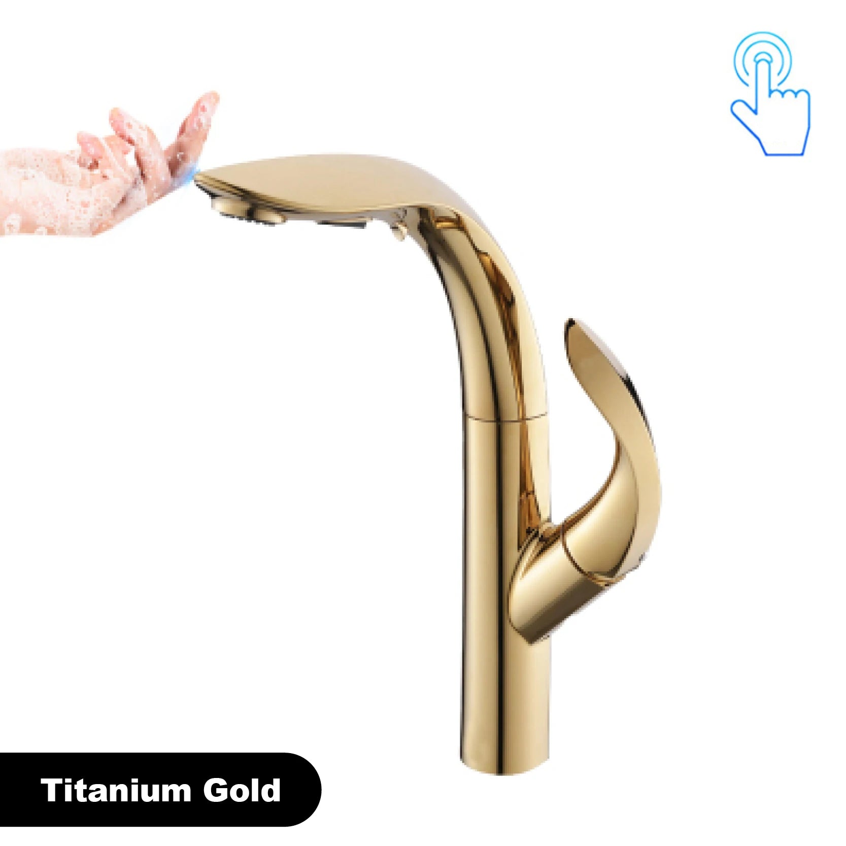 Luxury Brass Gold Touch Switch Kitchen Faucet Pull-Out Design 1 Hole Single Handle Hot and Cold Water Sink 2 Function Mixer