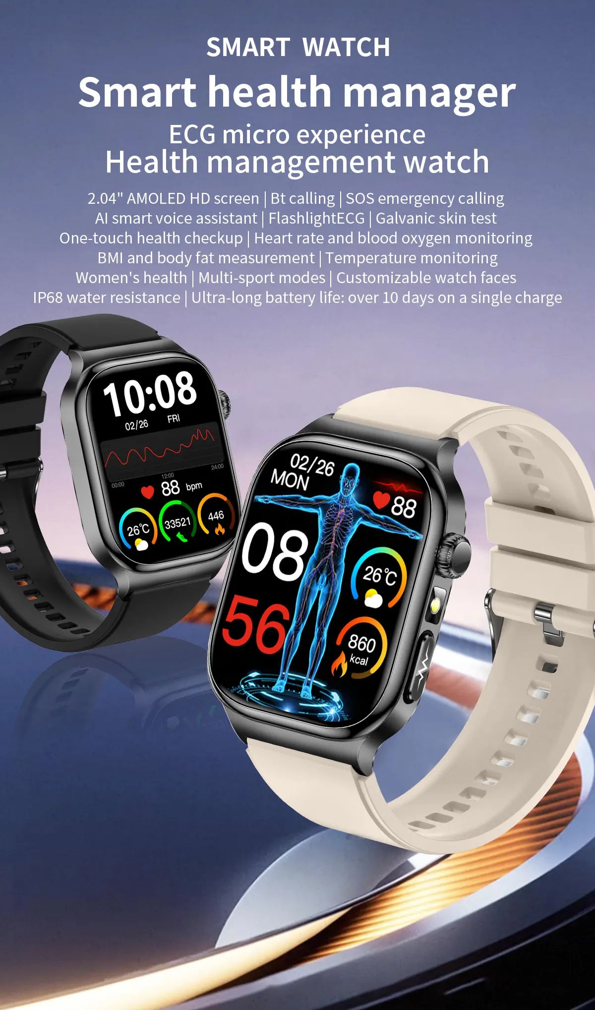 2026 New Hospital Level Health Smart Watch Body Fat ECG Blood oxygen BP Health AMOLED Screen HD Call Sport Smart Watches For Man