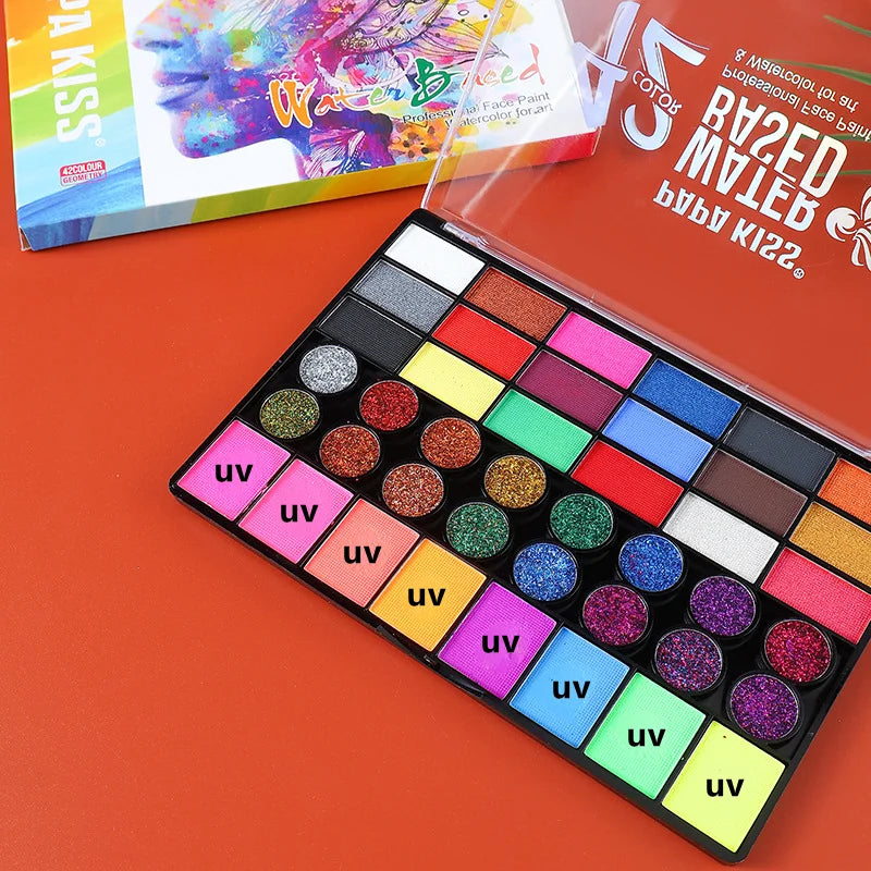 Tidesmit 42 color water soluble face body paint kit showing vibrant neon glow makeup pigment swatches