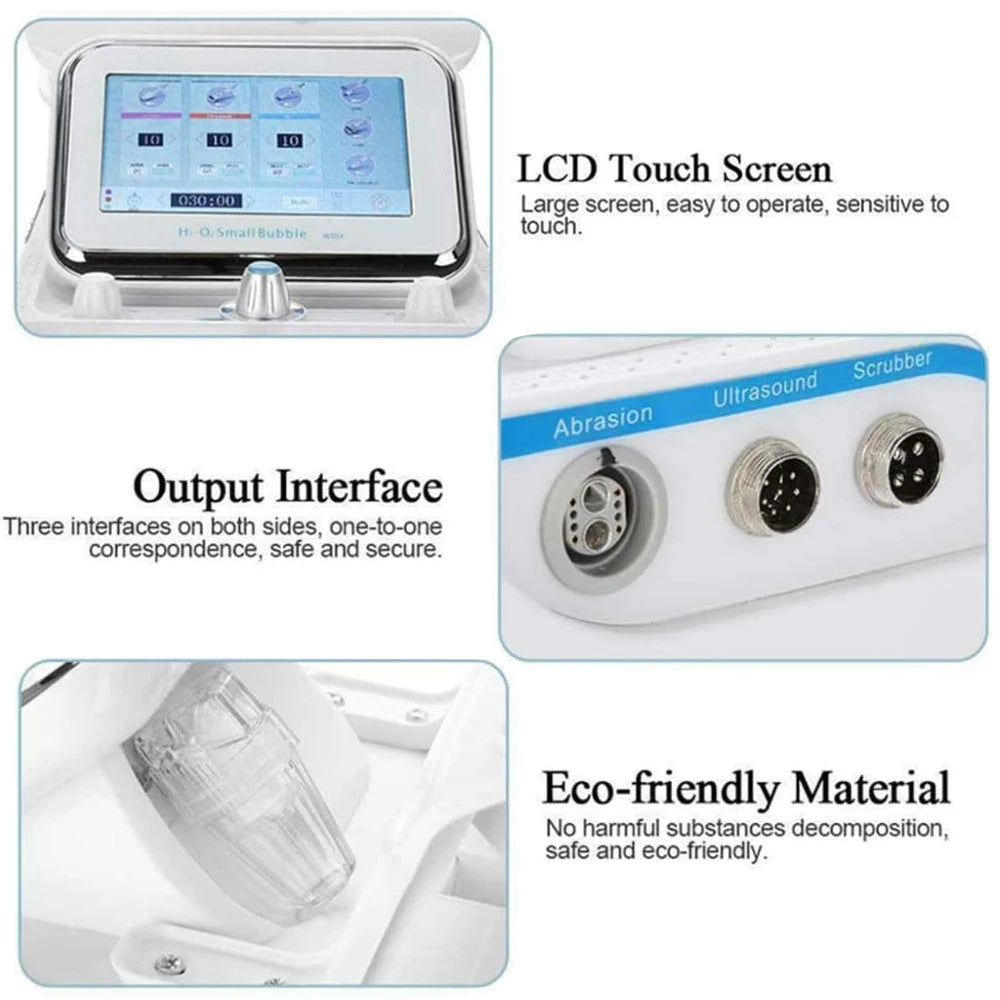 AOKO hydro dermabrasion facial machine with LCD touchscreen, output interface, and eco-friendly skincare components.