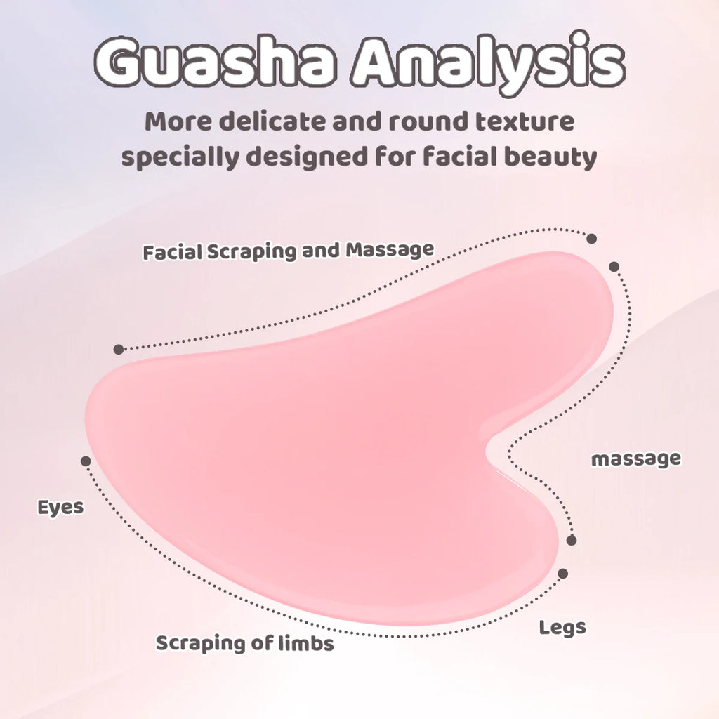 A light pink, smooth, heart-shaped gua sha tool shown in an instructional diagram for facial and body massage.