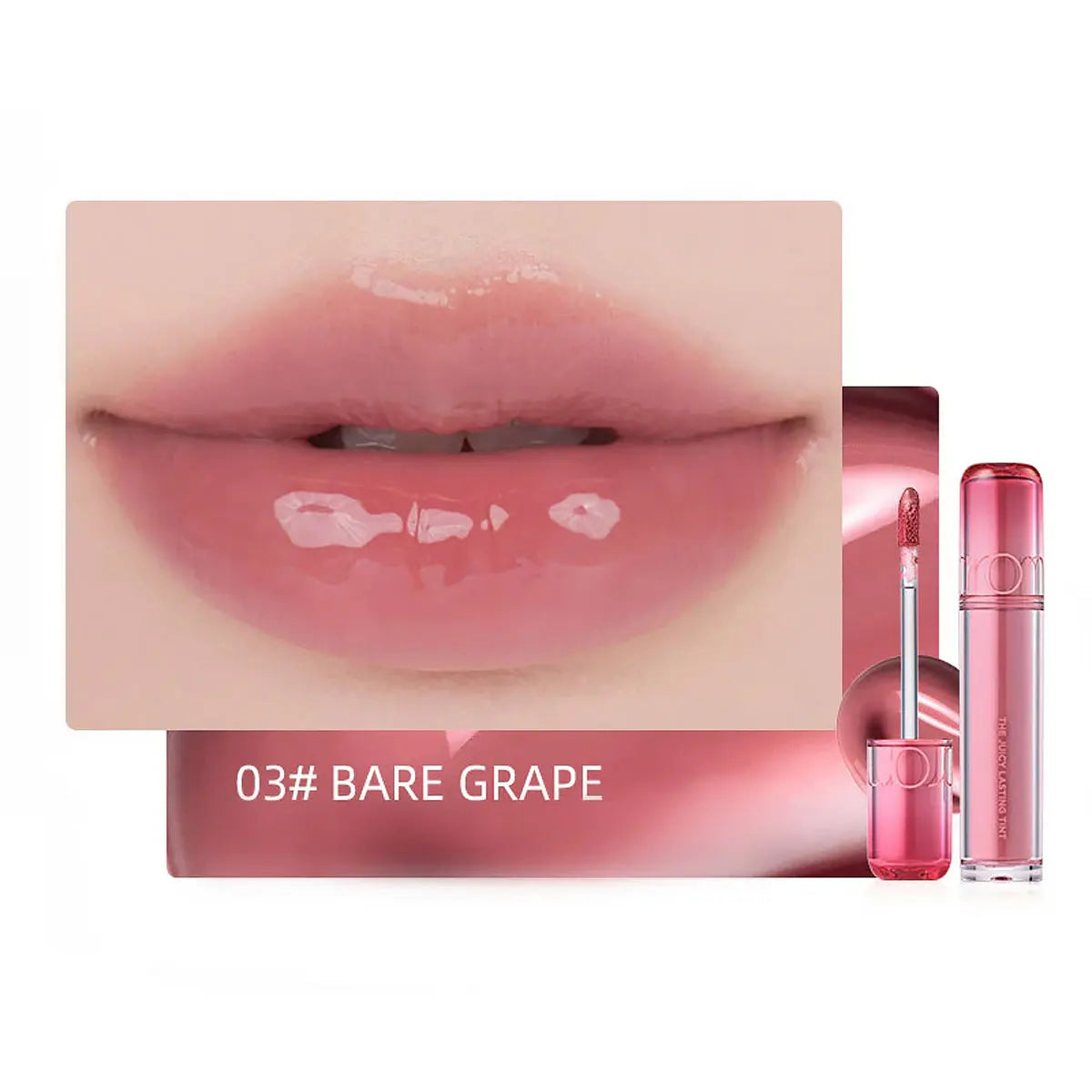rom&nd Juicy Lasting Tint in 03 Bare Grape, a glossy, hydrating Korean lip stain with a soft pink finish.