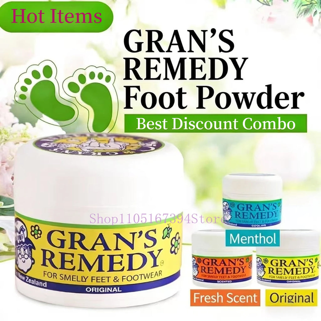 Gran's Remedy foot powder jars in white, yellow, and orange labels for effective shoe odor control and foot care.