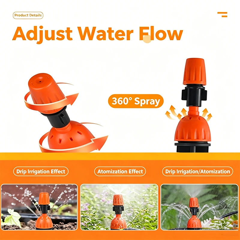 Adjustable 2-in-1 Drip Spray Stake Emitter 360° Mist Nozzle Garden Auto Watering Irrigation Stake for Greenhouse Lawn Plant Pots
