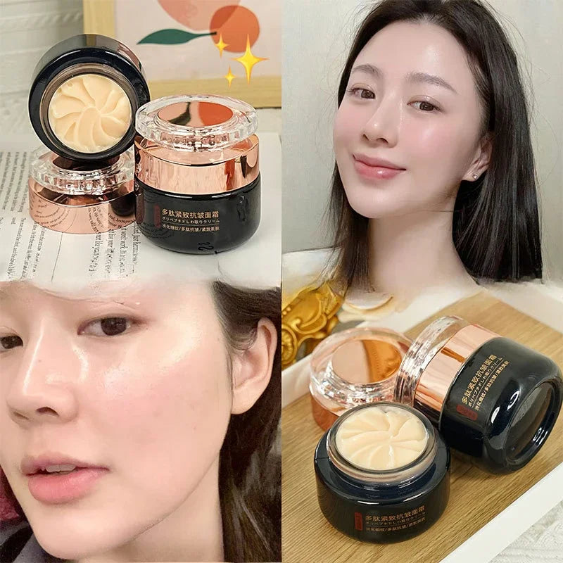A black and rose-gold jar of swirl-textured face cream shown next to a woman with radiant, hydrated skin.