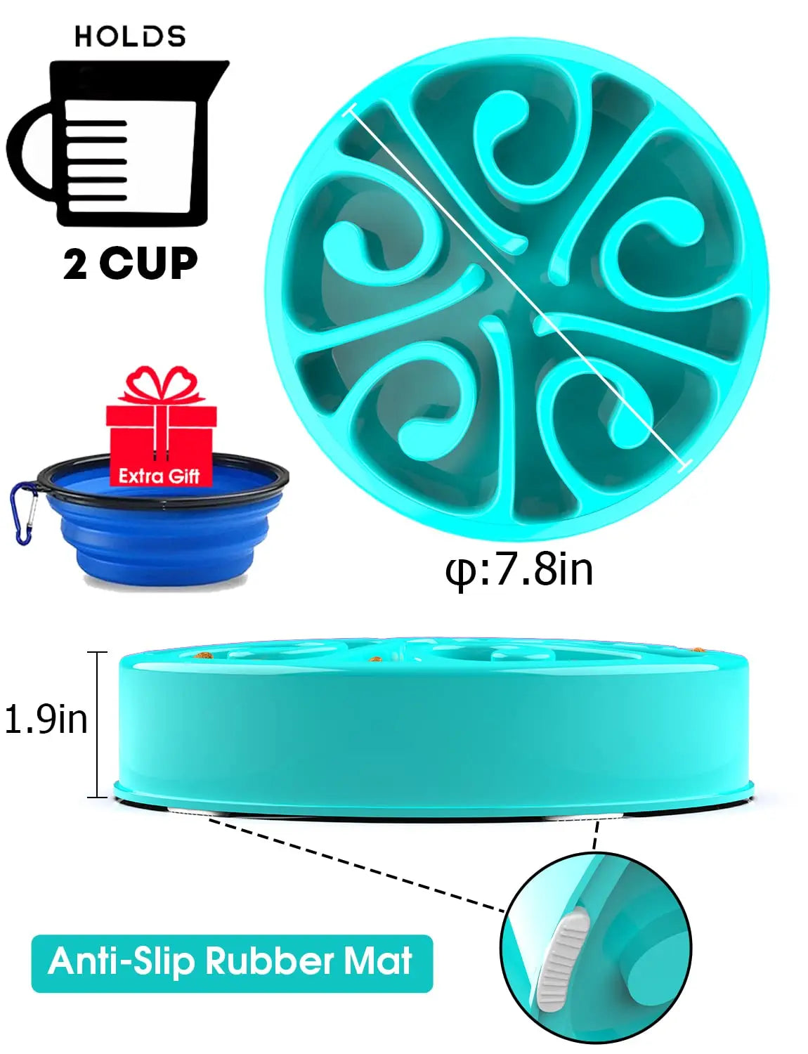 Turquoise 7.8in anti-gulp slow feeder dog bowl with anti-slip base and bonus collapsible travel bowl.