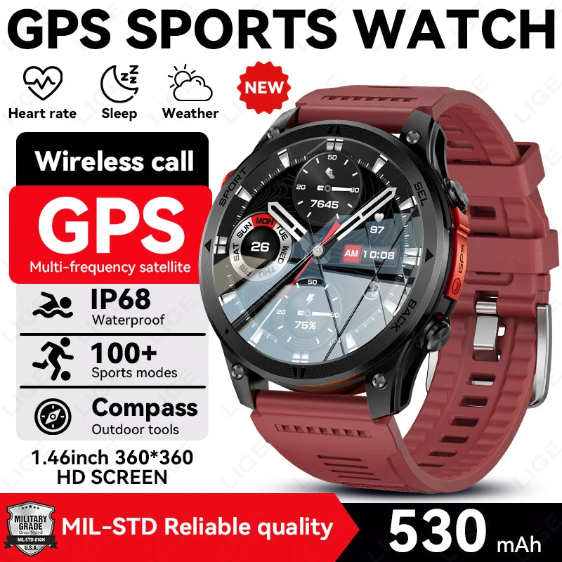 Red GPS sports smartwatch with silicone strap, round case, and 1.46 in HD screen.