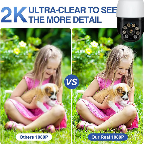 White security camera showing dual lens array on a comparison graphic