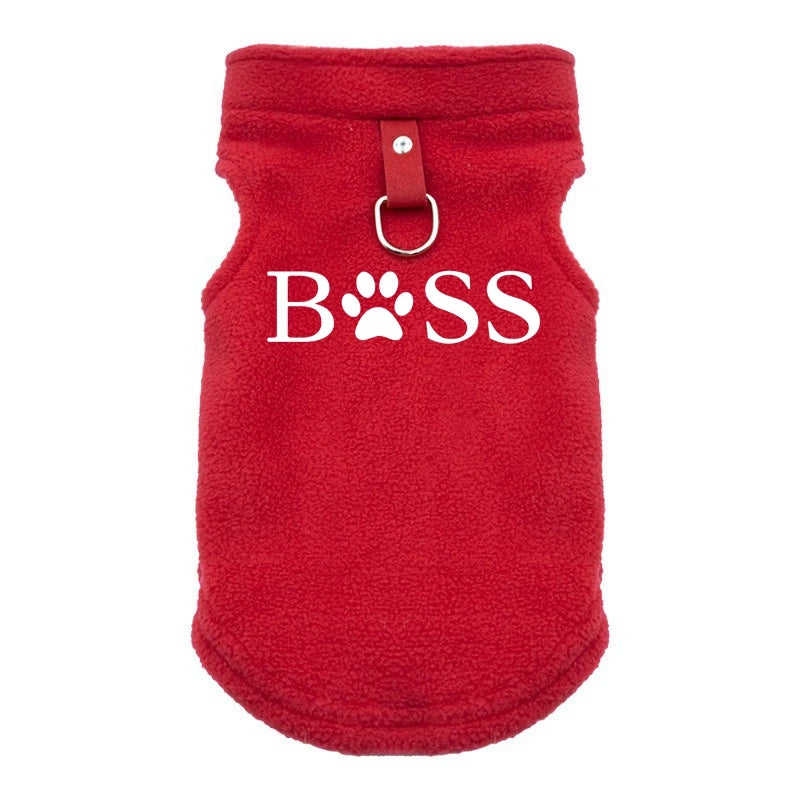 Red fleece dog vest for small pets with "BOSS" print and leash D-ring for warm winter walks.