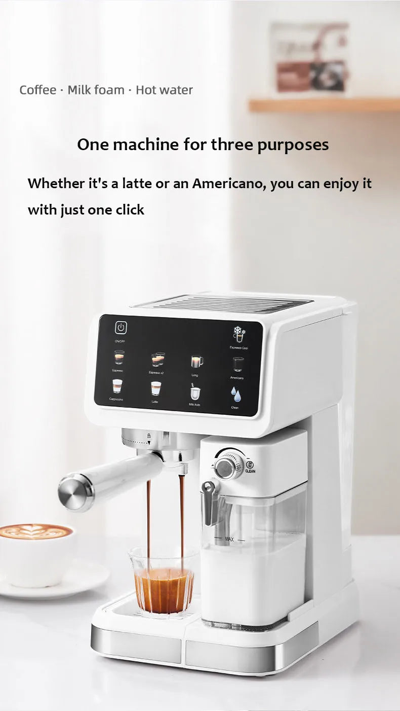 White espresso machine with touchscreen, milk frother, and portafilter for brewing coffee, lattes, and americanos.