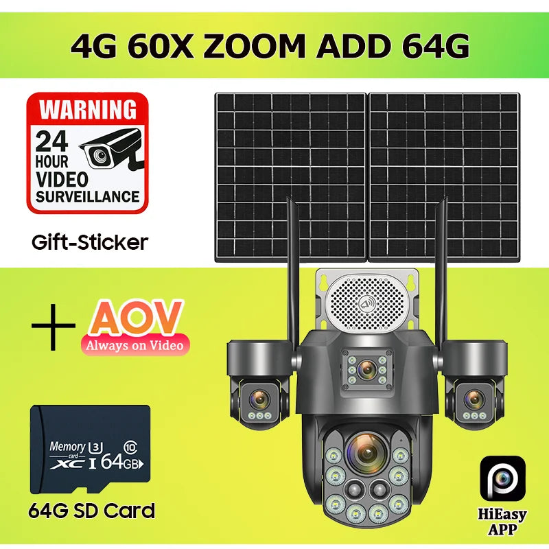 Solar 4-lens security camera bundle with solar panel and 64GB SD card
