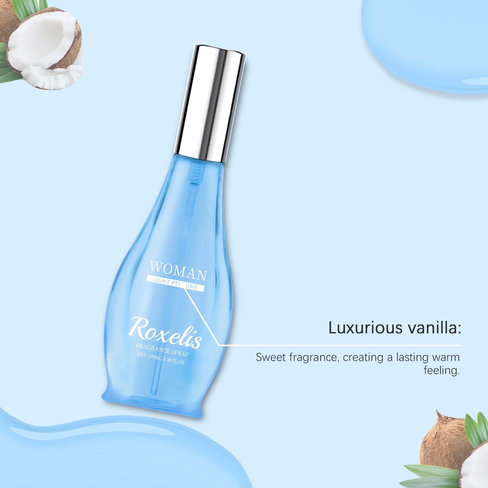 Roxelis Oriental Charm Coconut & Vanilla Eau de Toilette: elegant blue glass bottle spray perfume for women.