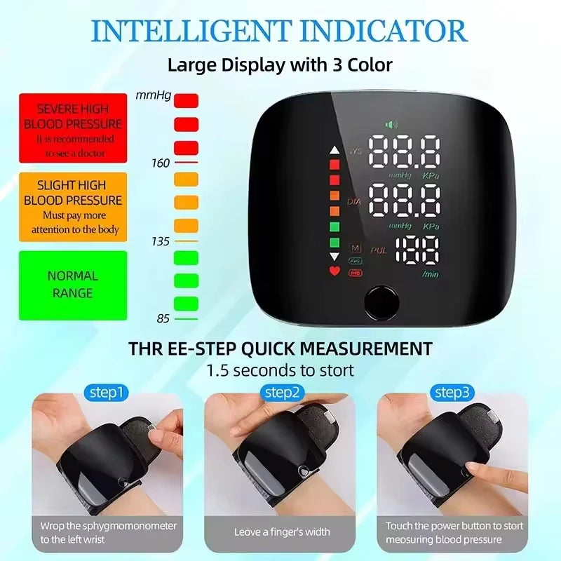 Home Medical USB Charging Blood Pressure Tensiometer Digital Wrist BP Monitor High Precision Heart Rate Detection English Voice