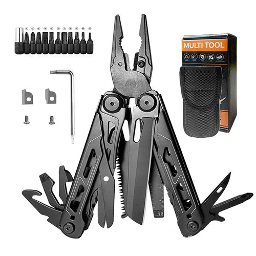 EDC multitool pliers with folding needle-nose jaws and wire cutter, silver and black