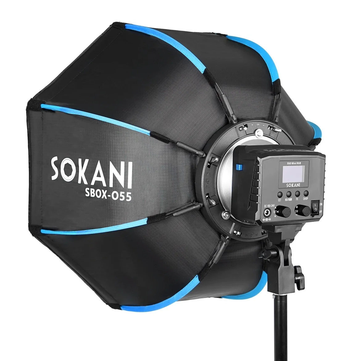 SBOX-055 octagonal softbox with black fabric, blue trim, and mounted X60 Mini RGB LED light on a studio light stand.