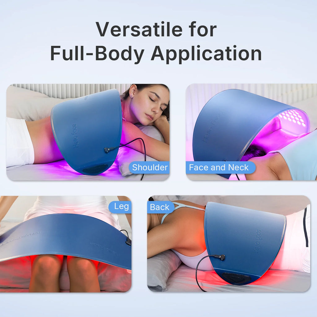 Blue curved LED light therapy device shown on shoulder, face, neck, leg, and back emitting red and infrared light.