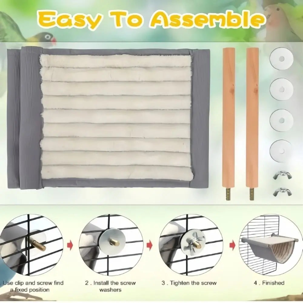 Washable grey fleece bird hammock with wood perches for cage. Easy-to-assemble warm nest for small pet birds.