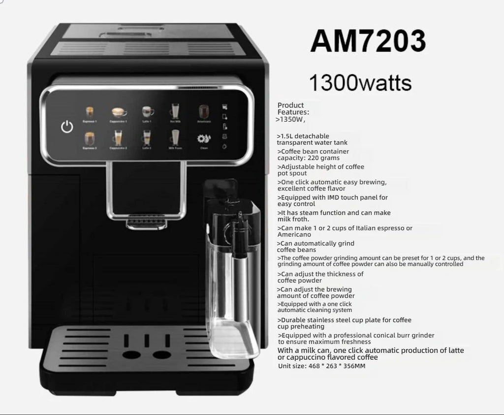 Black automatic espresso machine AM7203 with 1.5L tank, touch panel, built-in milk frother, and 1300W grinder.