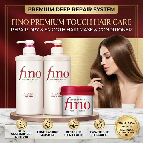 Fino Premium Touch hair care set, deep repair shampoo and conditioner bundle for smooth, shiny, healthy hair.
