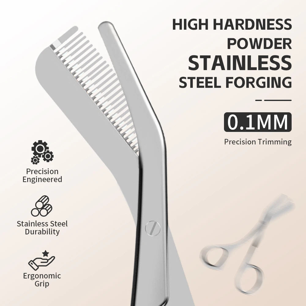 Silver stainless steel eyebrow trimmer with a precision comb blade for expert shaping and grooming.