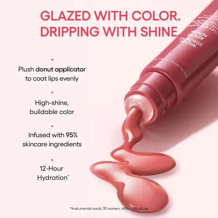 Laneige Peach Glaze lip gloss with high-shine pink tint, plumping oil texture, and moisturizing skincare formula.