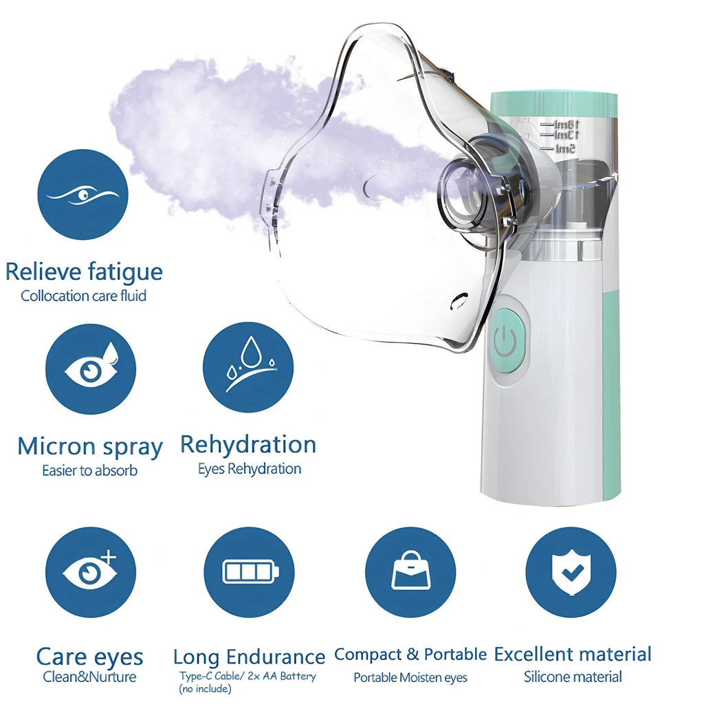 Portable eye steamer mask for dry eye relief, featuring nano mist sprayer, compact white and green design.