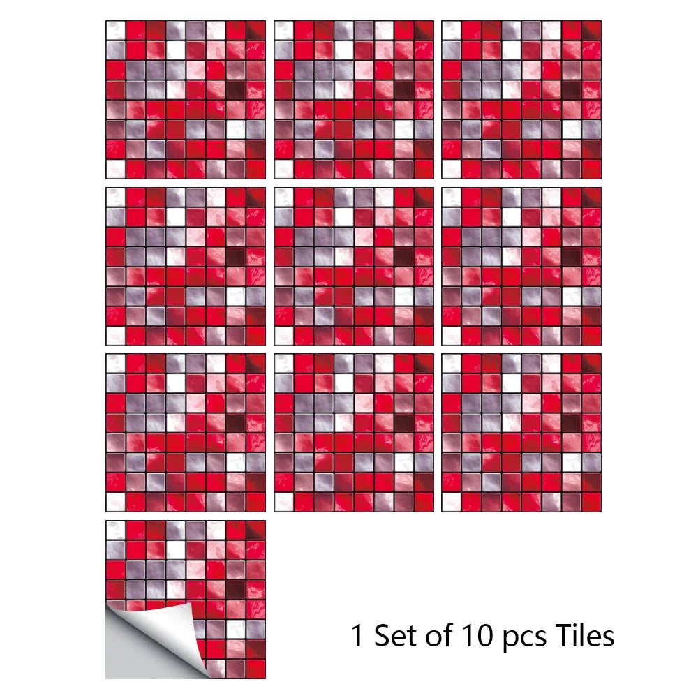 Mosaic tile sticker set, 10pcs red and white mosaic square tiles with glossy finish