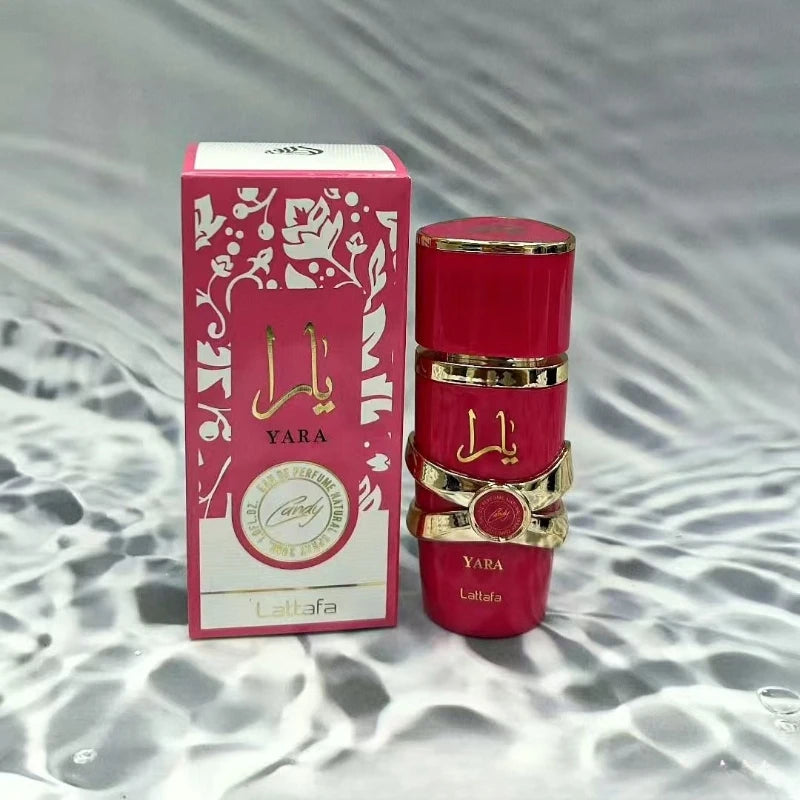 Lattafa Yara Candy 30ml EDP: Pink floral orchid oud perfume for men and women in a sleek gold-accented bottle.