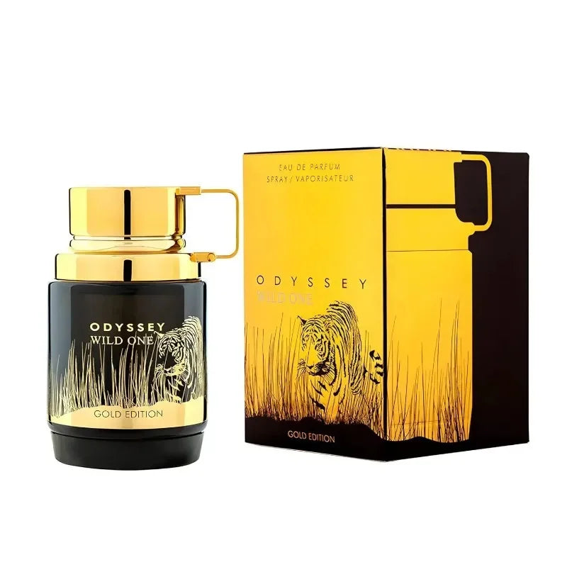 Armaf Odyssey Wild One Gold Edition: Luxury 100ml EDP men's fragrance in a unique black and gold tiger-print bottle.