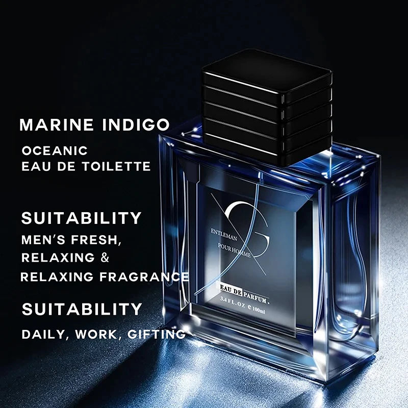 Marine Indigo Intense Pour Homme: Oceanic EDP 100ml for men. Rectangular blue bottle, fresh woody aromatic scent.