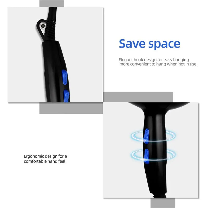 Black professional hair dryer with ergonomic handle, blue speed controls, and a storage hook for easy hanging.